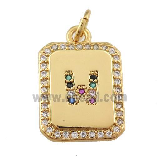 copper Letter-W pendant paved zircon, rectangle, gold plated