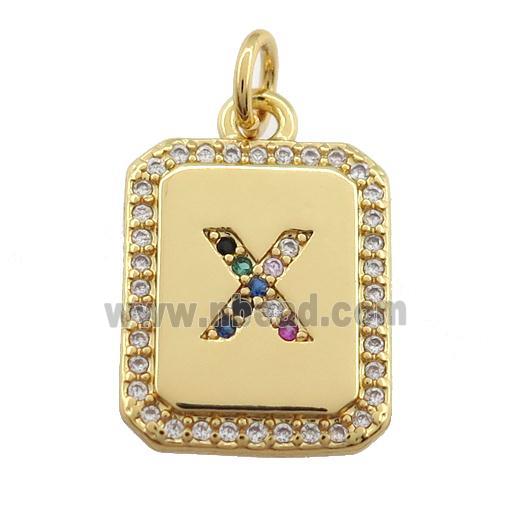 copper Letter-X pendant paved zircon, rectangle, gold plated