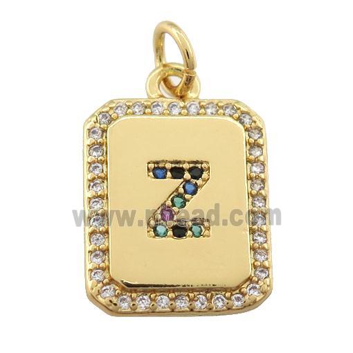 copper Letter-Z pendant paved zircon, rectangle, gold plated