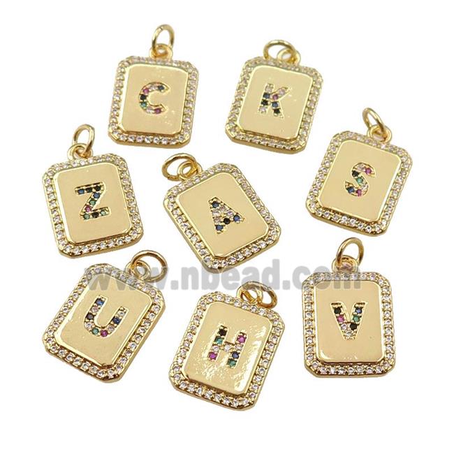 copper Letter pendant paved zircon, mix alphabet, rectangle, gold plated