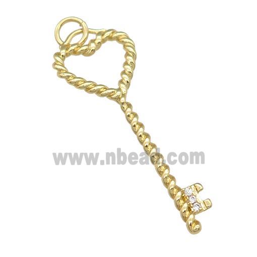 copper Key charm pendant paved zircon, gold plated