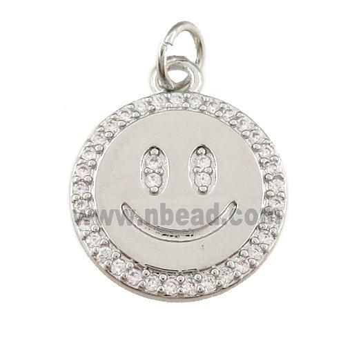 copper Emoji pendant paved zircon, happiness face, platinum plated