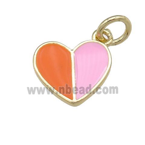 copper Heart pendant with orange pink enamel, gold plated