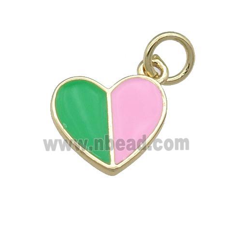 copper Heart pendant with green pink enamel, gold plated