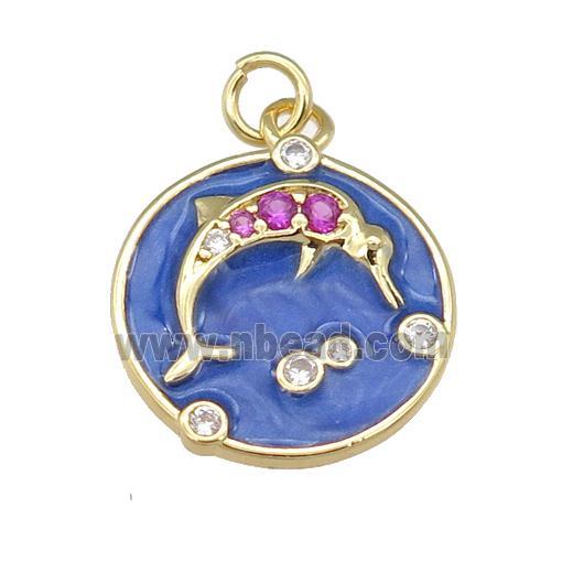 copper dolphin pendant paved zircon with blue enamel, circle, gold plated