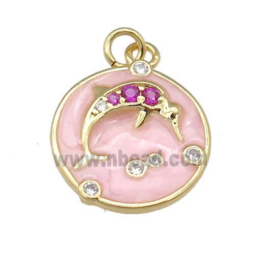 copper dolphin pendant paved zircon with pink enamel, circle, gold plated