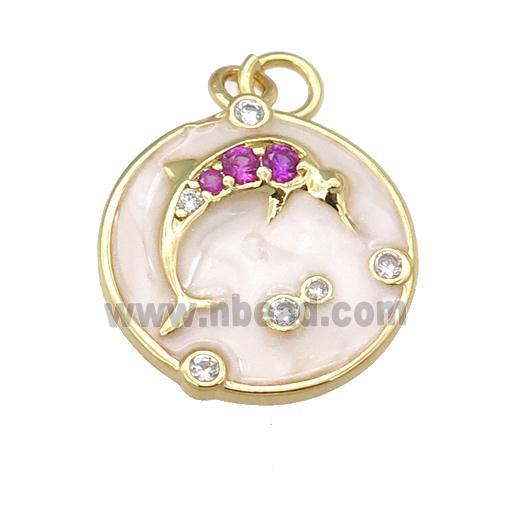 copper dolphin pendant paved zircon with white enamel, circle, gold plated