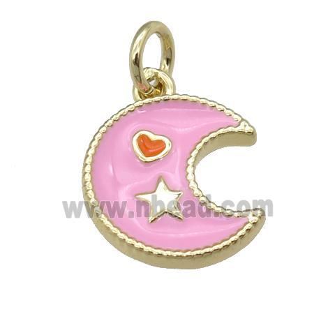 copper Moon pendant with pink enamel, heart star, gold plated