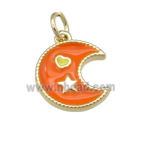 copper Moon pendant with orange enamel, heart star, gold plated
