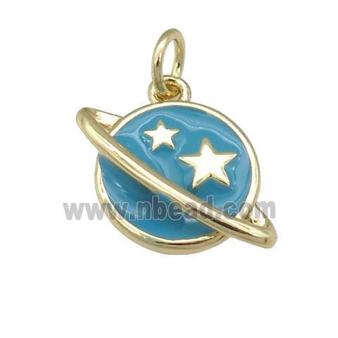 copper Planet pendant with teal enamel, star, gold palted