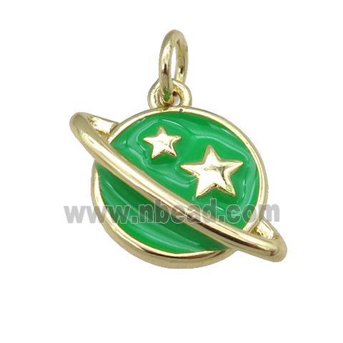 copper Planet pendant with green enamel, star, gold palted