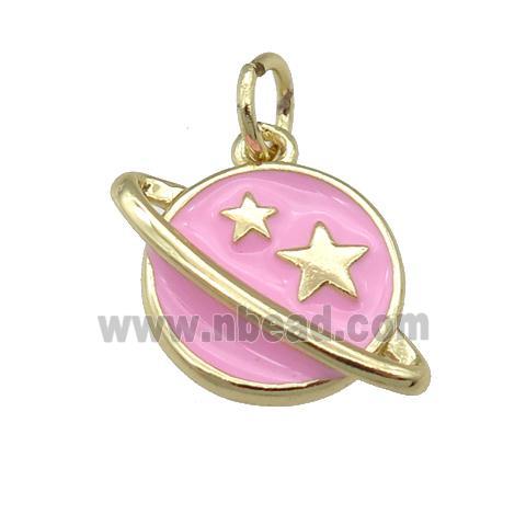 copper Planet pendant with pink enamel, star, gold palted
