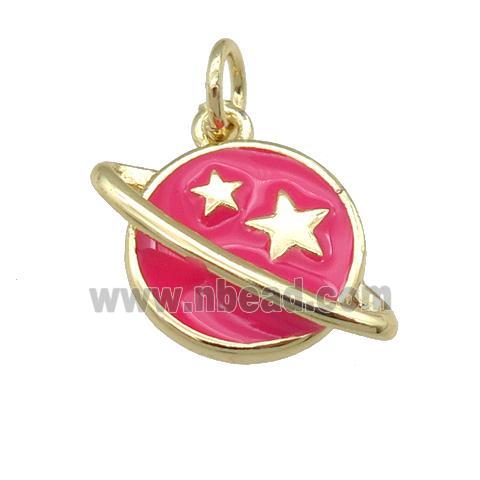 copper Planet pendant with hotpink enamel, star, gold palted