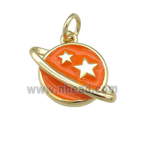 copper Planet pendant with orange enamel, star, gold palted