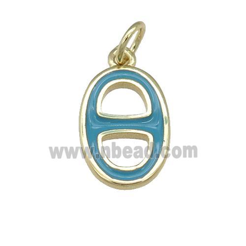 copper nose pendant with teal enamel, gold plated