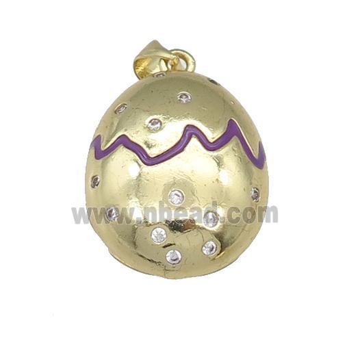 copper Egg pendant paved zircon with purple enamel, gold plated
