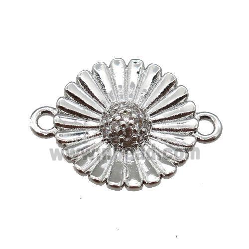 copper daisy flower connector paved zircon, platinum plated