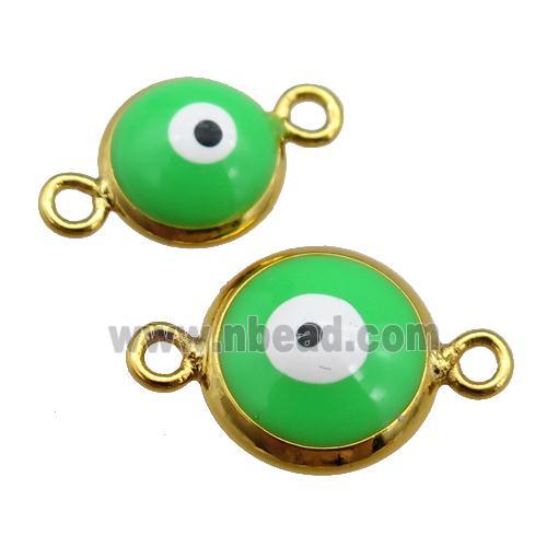 copper Evil Eye connector with green enamel, gold plated