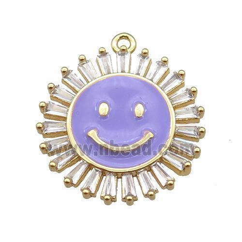 copper Emoji pendant paved zircon with lavender enamel, gold plated