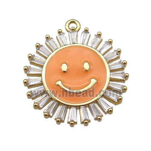 copper Emoji pendant paved zircon with orange enamel, gold plated