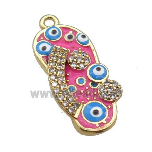 copper Shoe pendant paved zircon with hotpink enamel, evil eye, gold plated
