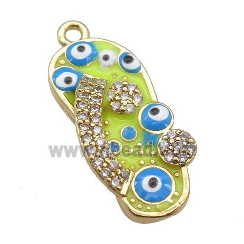 copper Shoe pendant paved zircon with yellow enamel, evil eye, gold plated