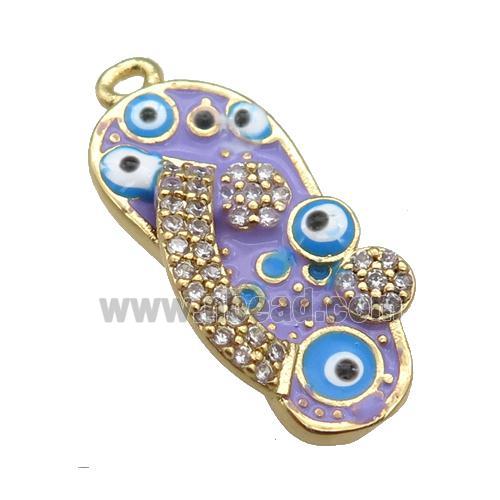 copper Shoe pendant paved zircon with lavender enamel, evil eye, gold plated