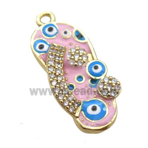 copper Shoe pendant paved zircon with pink enamel, evil eye, gold plated