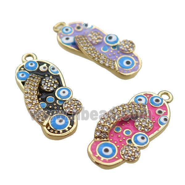 copper Shoe pendant paved zircon with enamel, evil eye, gold plated, mixed