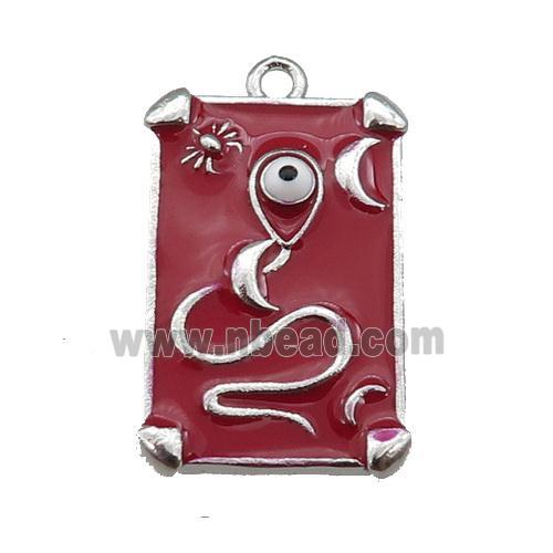 copper Tarot Card pendant with red enamel, platinum plated