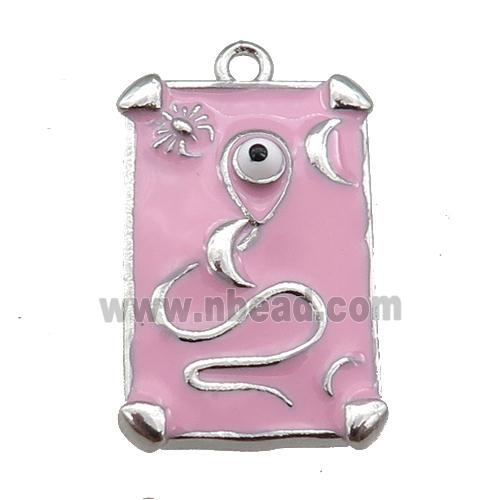 copper Tarot Card pendant with pink enamel, platinum plated