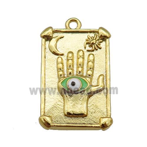 copper Tarot Card pendant with green enamel eye, hand, gold plated