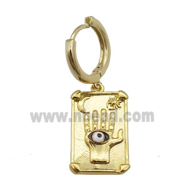copper Tarot Card Hoop Earring with black enamel eye, hand, gold plated