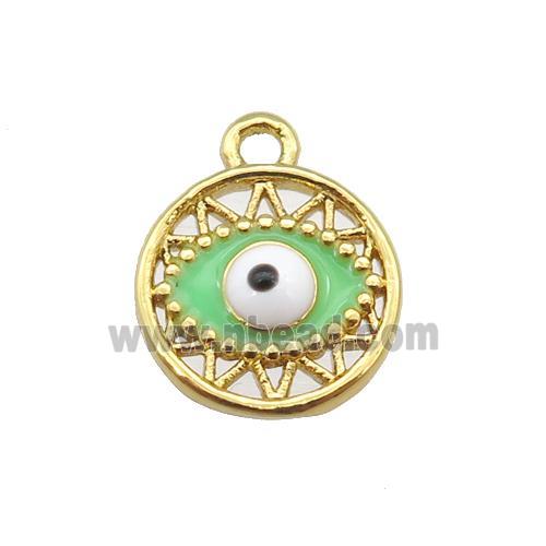 copper Evil eye pendant with green enamel, circle, gold plated