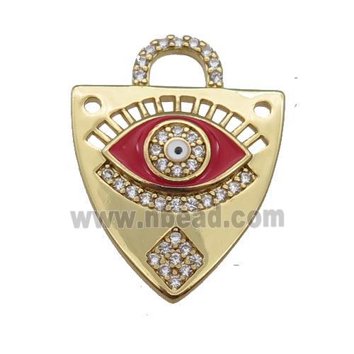 copper shield pendant paved zircon with red enamel Eye, gold plated