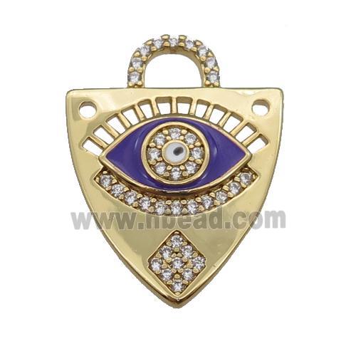 copper shield pendant paved zircon with purple enamel Eye, gold plated