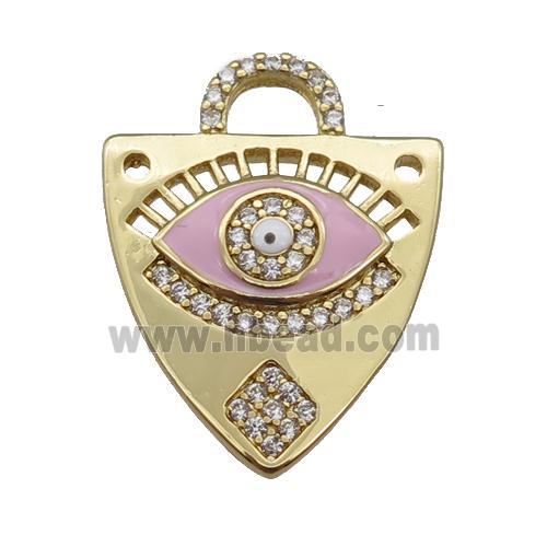 copper shield pendant paved zircon with pink enamel Eye, gold plated