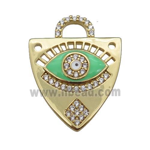 copper shield pendant paved zircon with green enamel Eye, gold plated