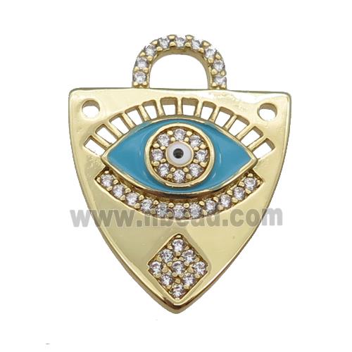 copper shield pendant paved zircon with lt.blue enamel Eye, gold plated