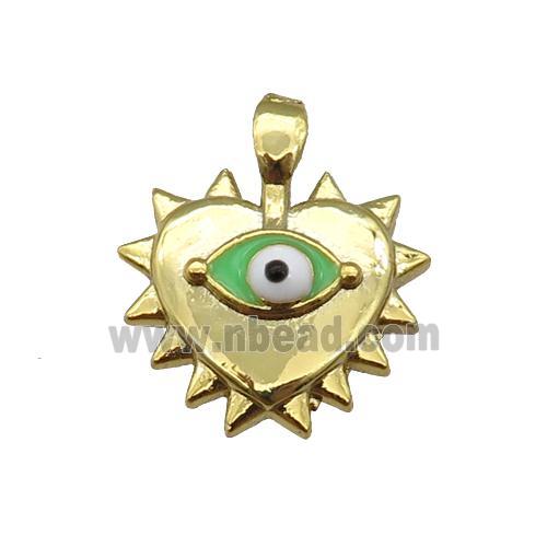 copper Heart pendant with green enamel evil eye, gold plated