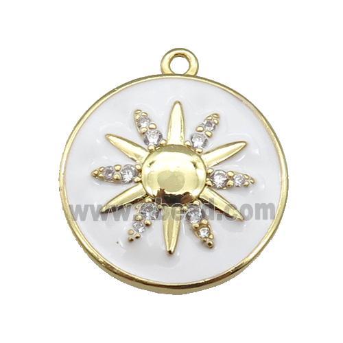 copper circle pendant paved zircon with white enamel sunflower, gold plated