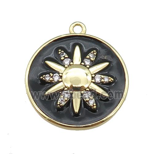 copper circle pendant paved zircon with black enamel sunflower, gold plated