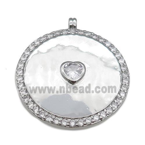 copper circle pendant paved zircon with heart, platinum plated