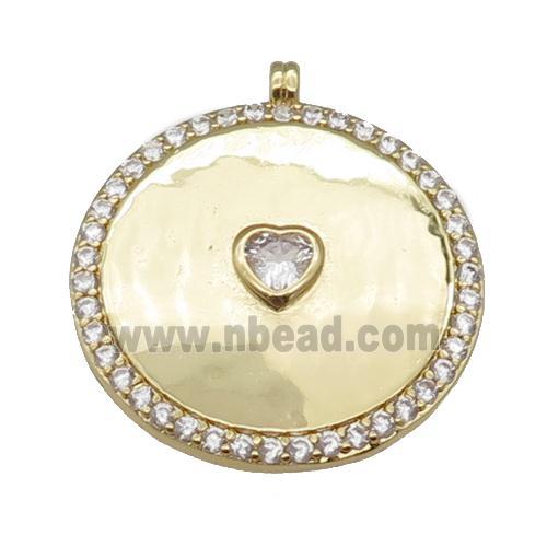 copper circle pendant paved zircon with heart, gold plated