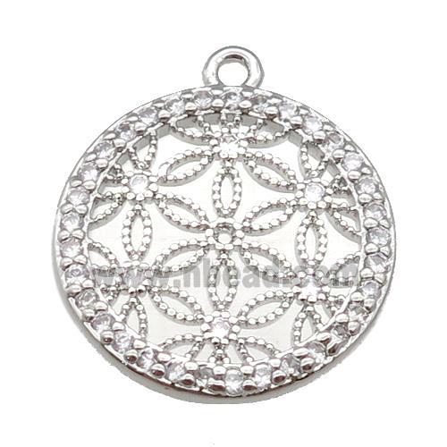 copper circle pendant paved zircon, flower of life, platinum plated