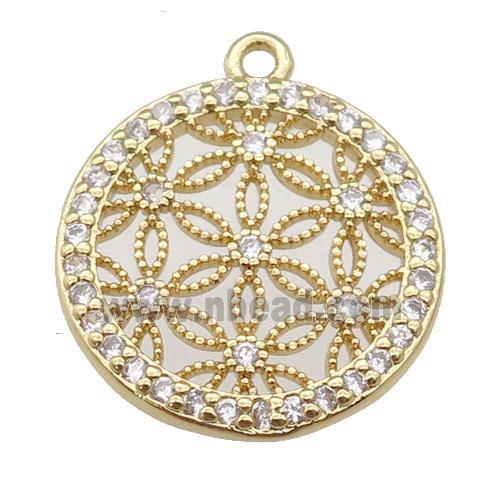 copper circle pendant paved zircon, flower of life, gold plated