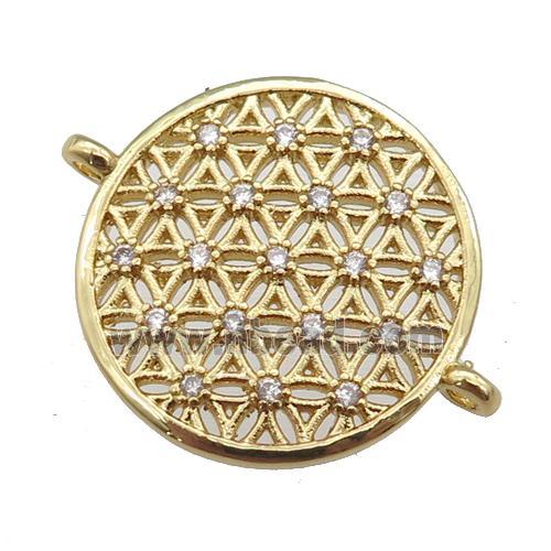 copper circle connector paved zircon, flower of life, gold plated