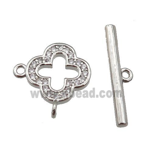 copper Toggle Clasp paved zircon, clover, platinum plated