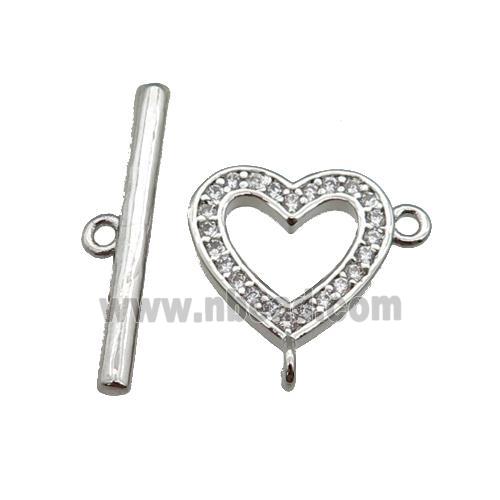 copper Toggle Clasp paved zircon, heart, platinum plated