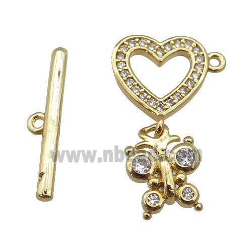 copper Toggle Clasp paved zircon, heart, gold plated